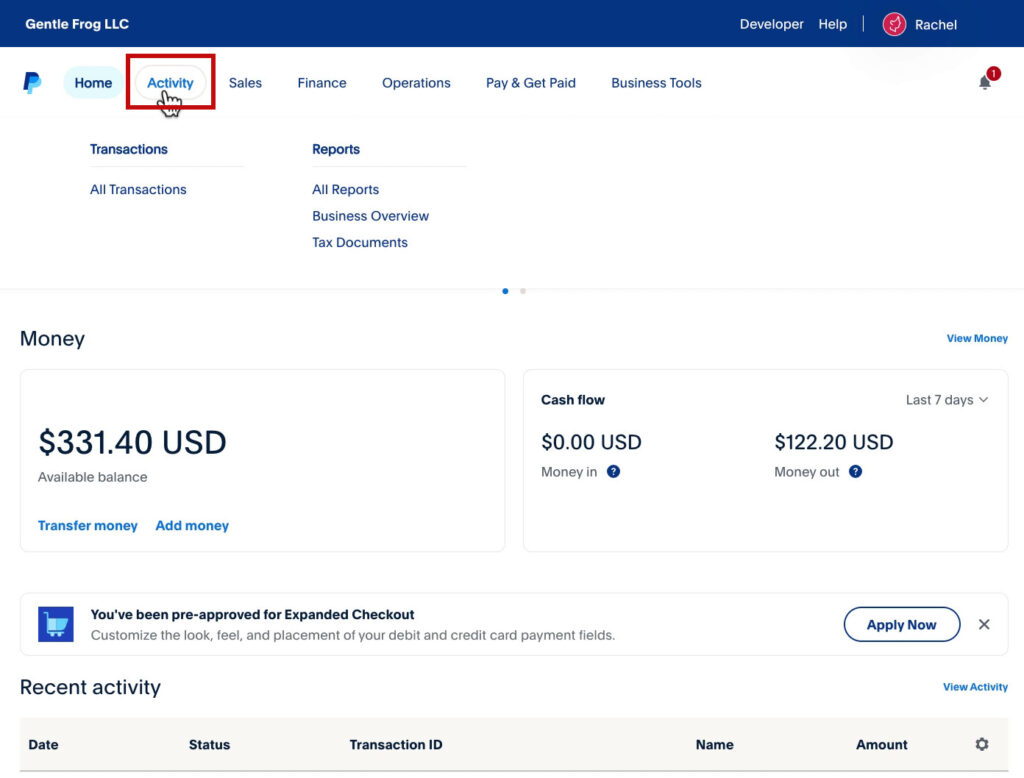 Click Activity in the PayPal top menu