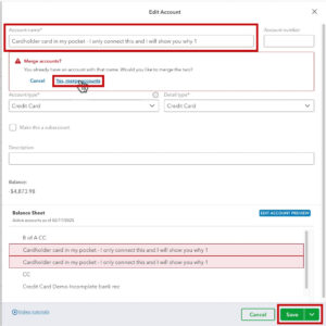 Merge corporate credit card accounts in QBO
