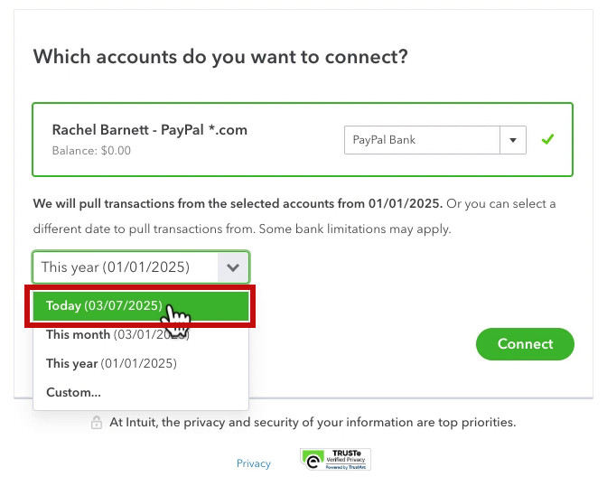 Select the date you want to pull in PayPal transactions in QBO