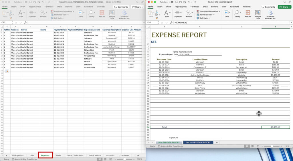 Using the SaasAnt template's Expenses sheet