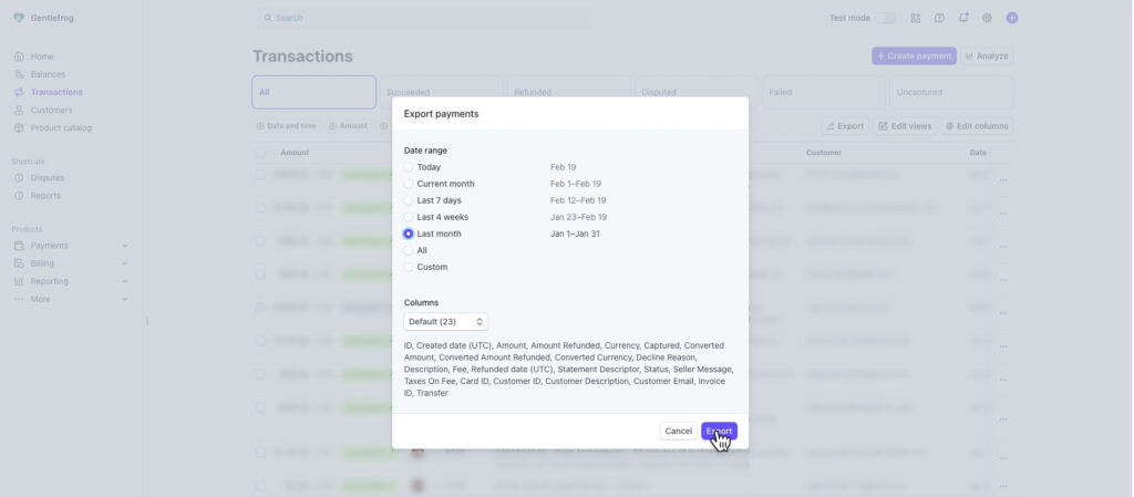 Export payments, date options, in Stripe
