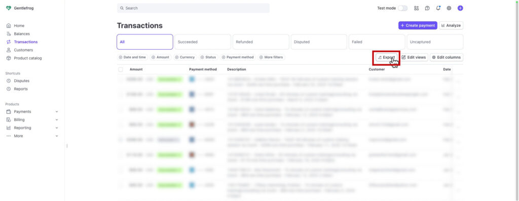 Export transactions in Stripe