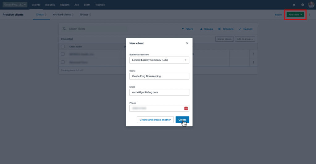 Adding Gentle Frog as a new client to Xero.