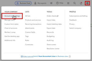 Navigating to Account and Settings from the gear icon menu in QBO