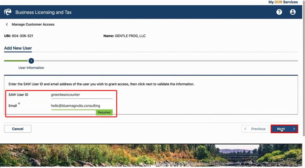 Entering Blue Magnolia Consulting's SAW ID and email into WA DOR website