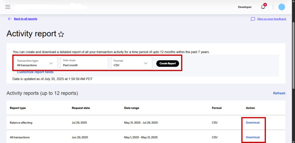 Download all transactions for specific date range as a CSV in PayPal