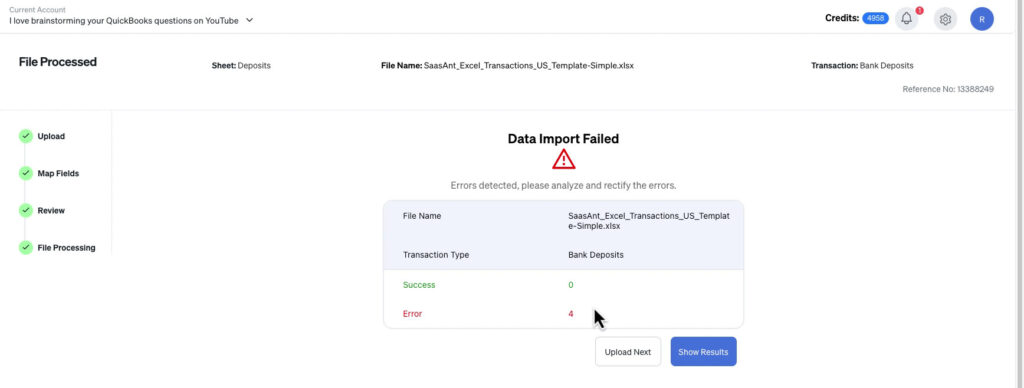 SaasAnt flagging uploaded transactions that have errors for review and fixing
