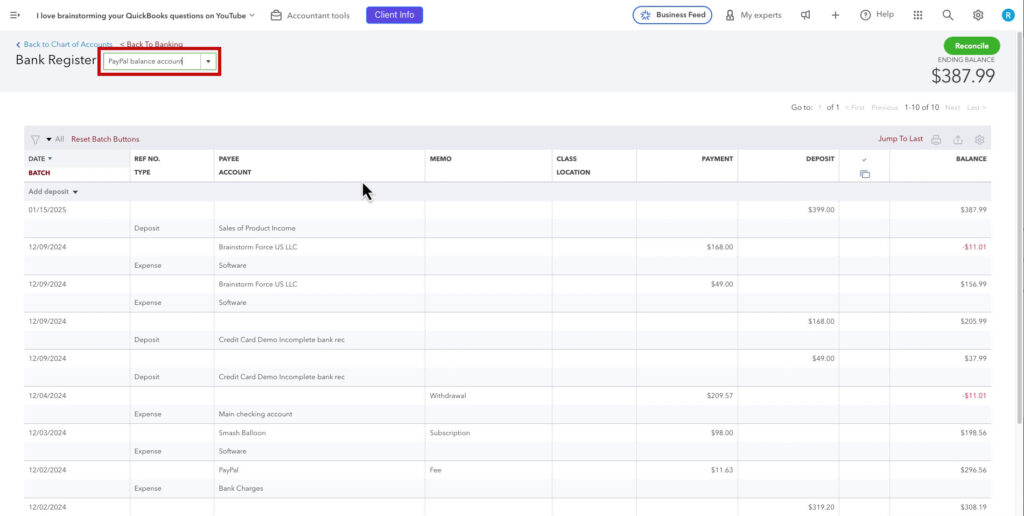 PayPal register with transactions imported using SaasAnt