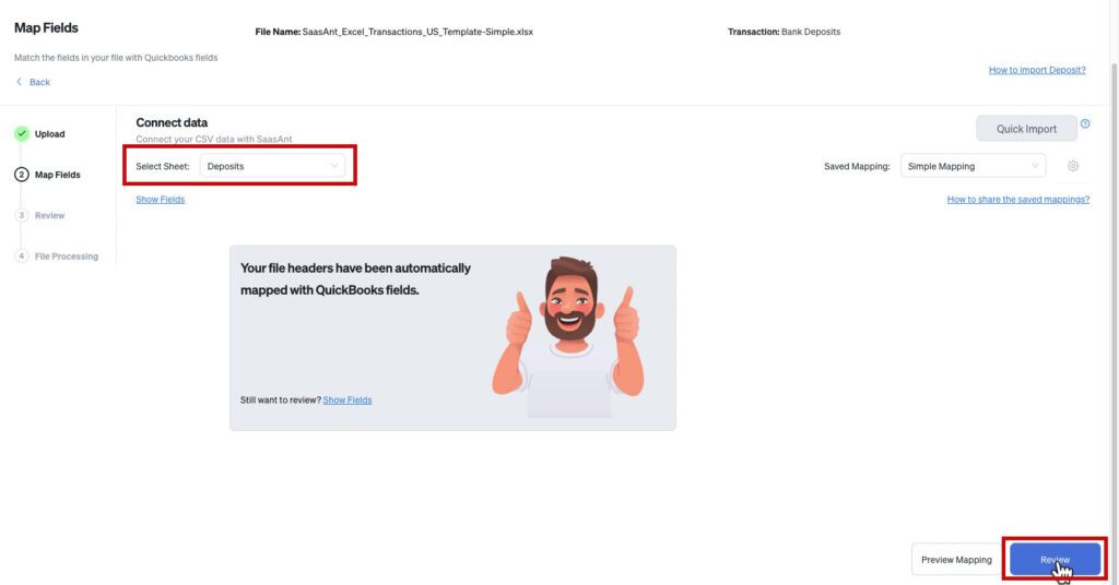 Selecting Deposits for uploading into QBO with SaasAnt