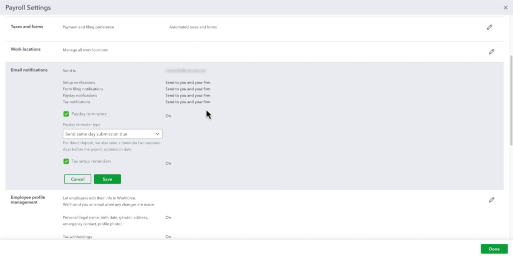 QBO payroll email notification settings