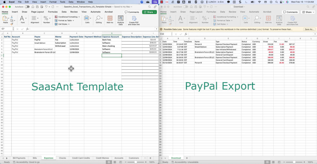 Moving PayPal exported transactions into the SaasAnt template for import into QBO