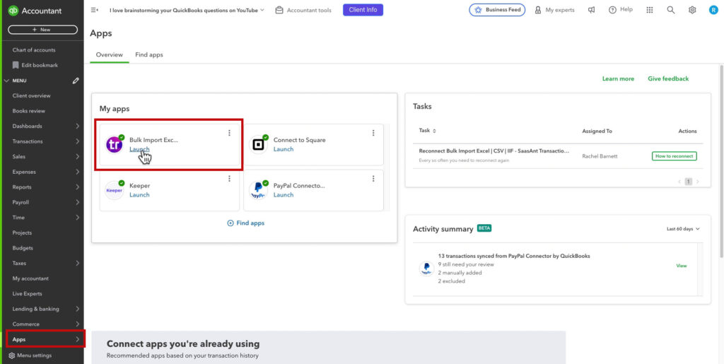 Launch SaasAnt from the apps section of QBO