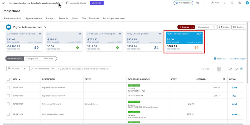 PayPal transactions successfully uploaded to QBO ready for categorizing.