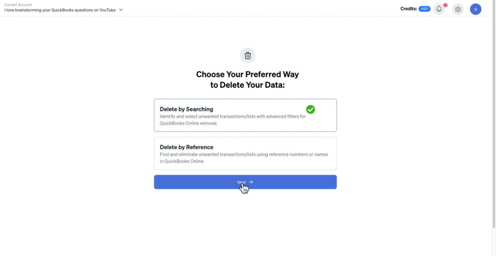 Choosing your preferred way of finding transactions to delete in SaasAnt