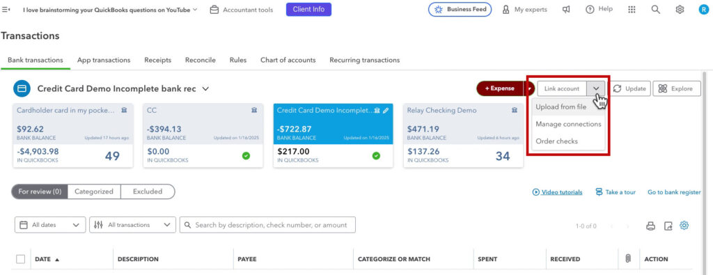 Upload from file option in QBO Bank Transactions