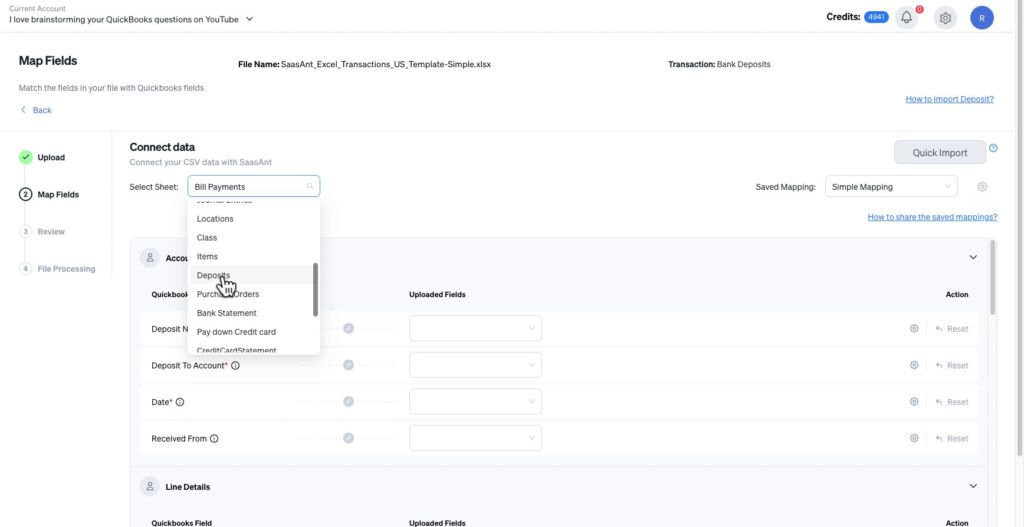 Selecting deposits from the Select Sheet drop-down in SaasAnt