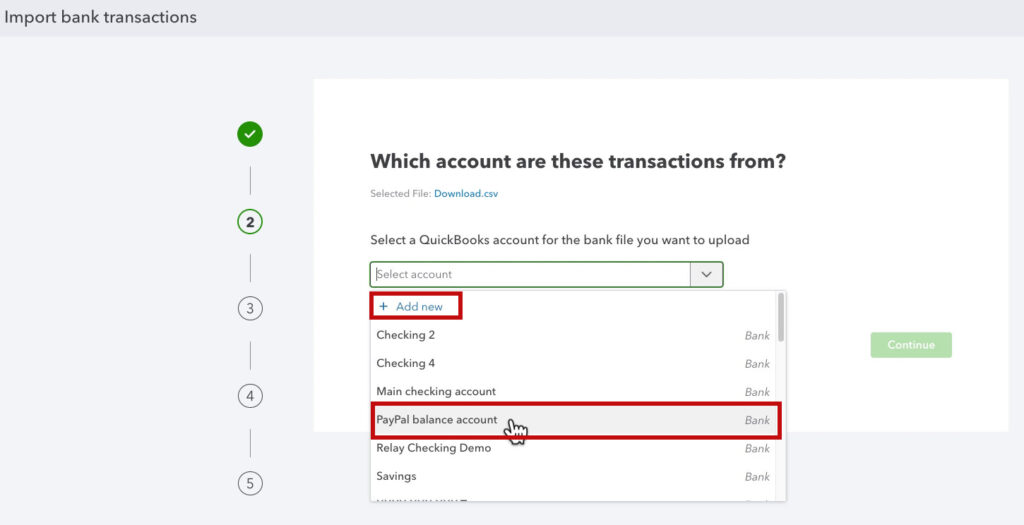Select the account to add your PayPal transactions to, or add a new account.
